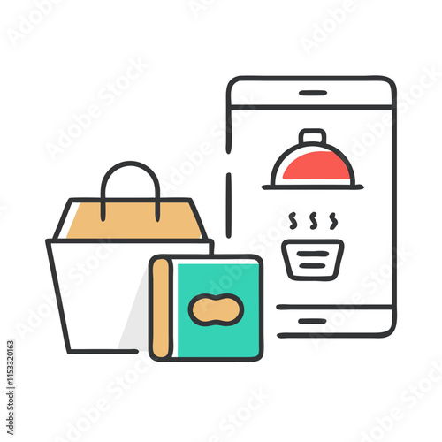 Online Food Ordering Illustration With Mobile App And Takeout Package