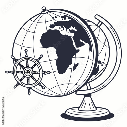 Globe Illustration With Ship Steering Wheel Navigation And Travel Concept Graphic