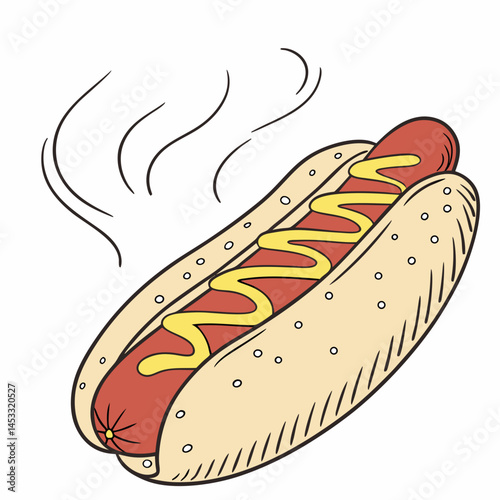 Delicious Cartoon Hotdog With Mustard And Steam Illustration Isolated