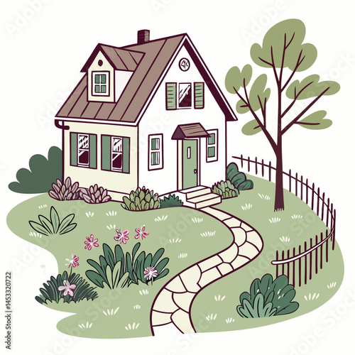 Charming Cartoon House Illustration With Garden Flowers And Stone Pathway