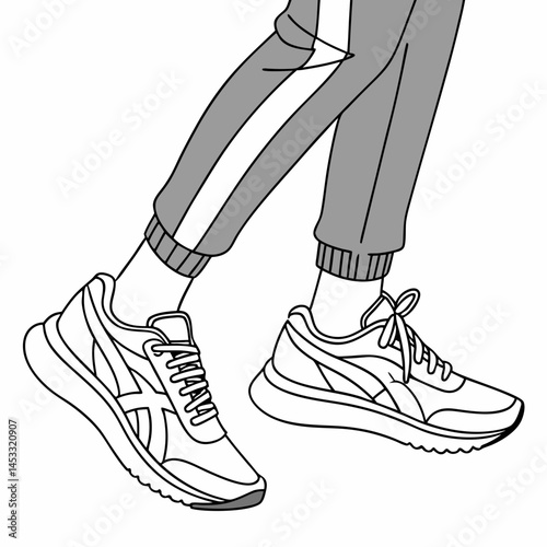 Outline Illustration Of Jogging Trousers And Running Shoes On White Background