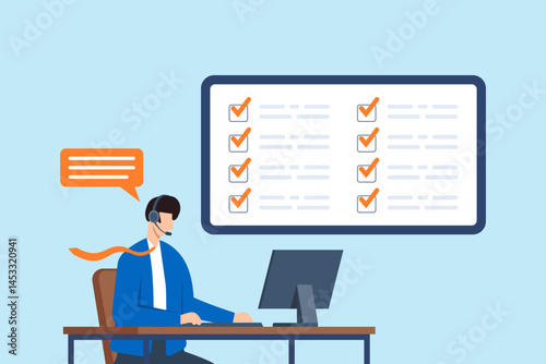 Flat illustration of support specialist solving customer issues with headset and computer screen displaying completed task checklist