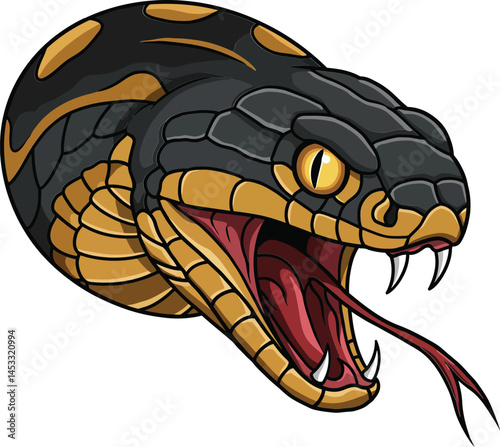 Black and orange snake head with open mouth and forked tongue illustration in close-up view 