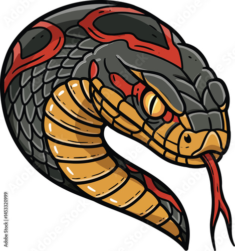 Aggressive stylized snake head with red and orange markings striking pose illustration vector 