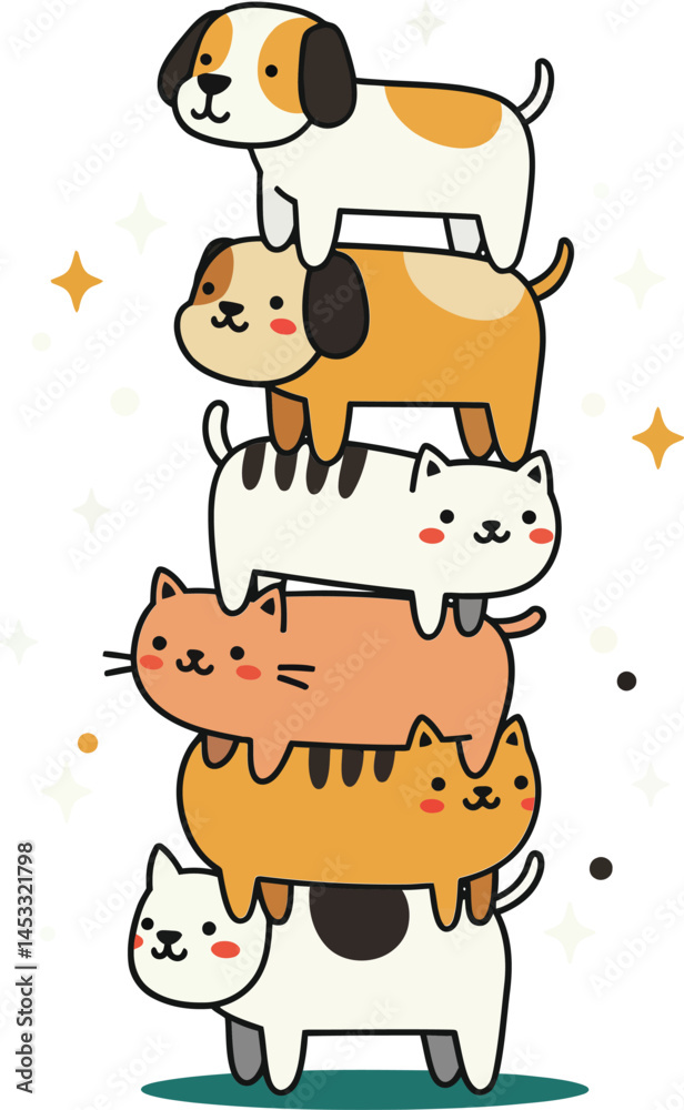 Naklejka premium Cute cartoon illustration of stacked cats and dogs in playful balanced tower artwork