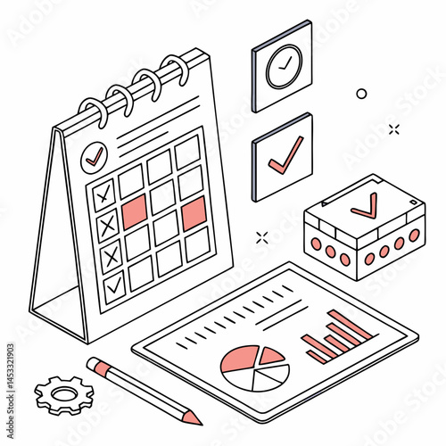 Isometric Business Planning Tasks Management With Calendar And Statistic Illustration