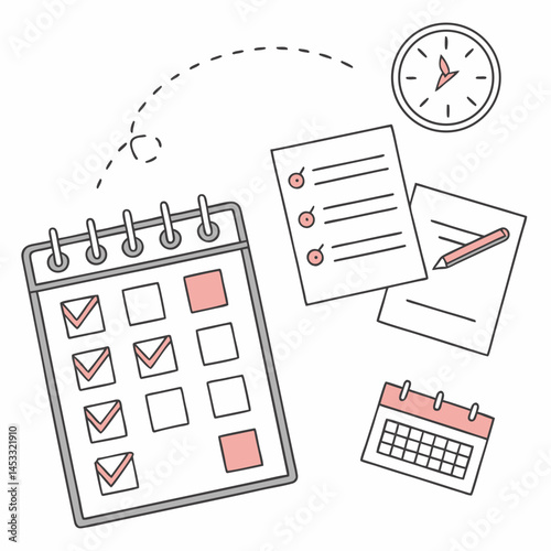 Planning Calendar With Checkmarks Clock Pencil And Schedule List Illustration