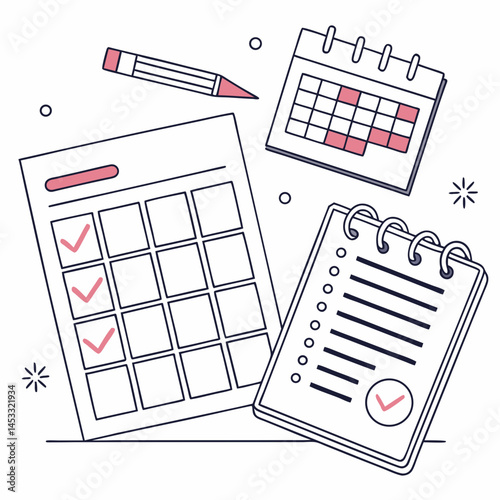 Doodle Style Planning Elements Calendar Checklist And Pencil Vector Illustration