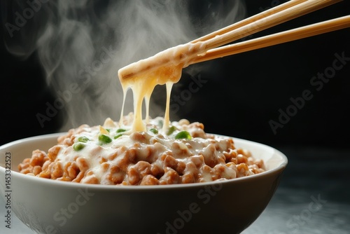 Steaming bowl of fermented soybeans topped with creamy sauce, lifted with chopsticks, showing stringy texture