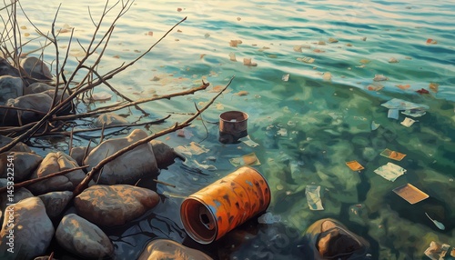 Environmental Disaster Plastic Pollution and Waste Floating on Polluted Water Surface photo