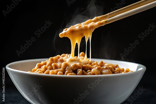 Steaming bowl of fermented soybeans, lifted with chopsticks, showcasing its sticky, stringy texture