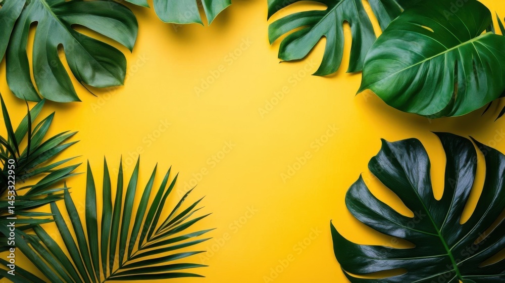 Naklejka premium Tropical Green Leaves Frame a Bright Yellow Background for Summer Theme