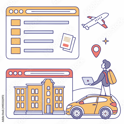 Online Travel Booking Website With Man Car And Airplane Outline Style