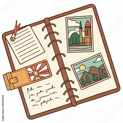 Open Travel Journal With Photos,Notes,And Souvenir Illustration