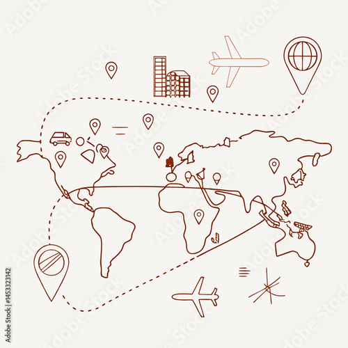World Map With Travel Icons And Location Markers Route Plan