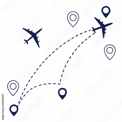 Airplane Flight Route With Map Pointers On White Background Concept Travel