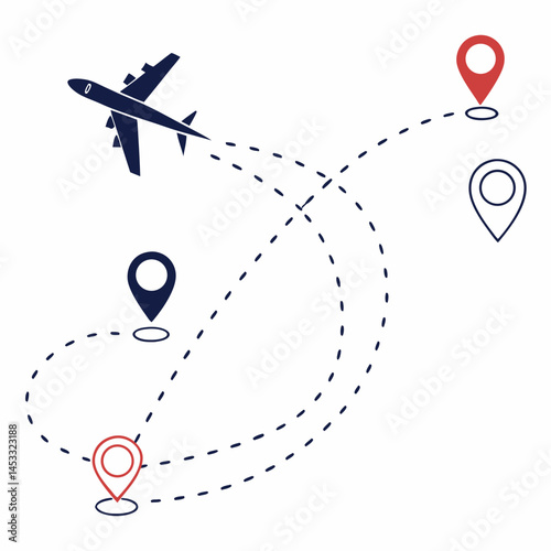 Airplane Flying With Destination Points And Route On White Background Concept