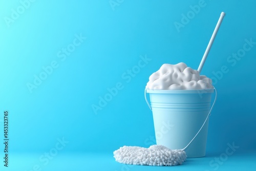 Realistic Blue Cleaning Bucket with Foam and Mop on Vibrant Blue Background