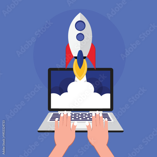 Successful startup business concept with Rocket launch from laptop screen