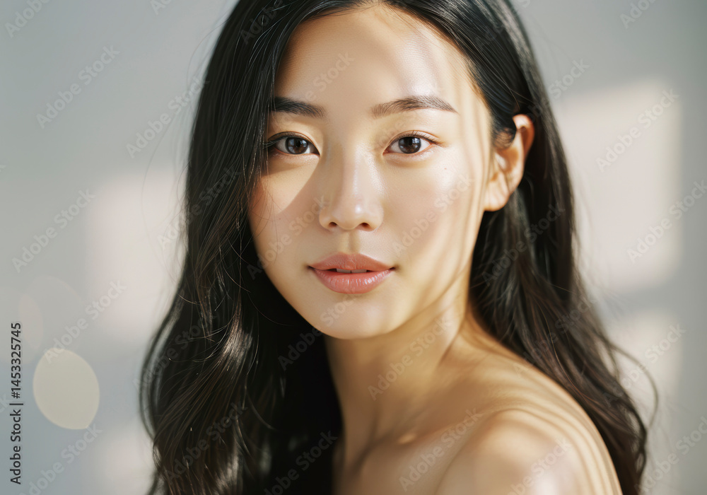 Naklejka premium Beautiful Asian Woman Portrait Soft Light Skincare Beauty Natural Makeup