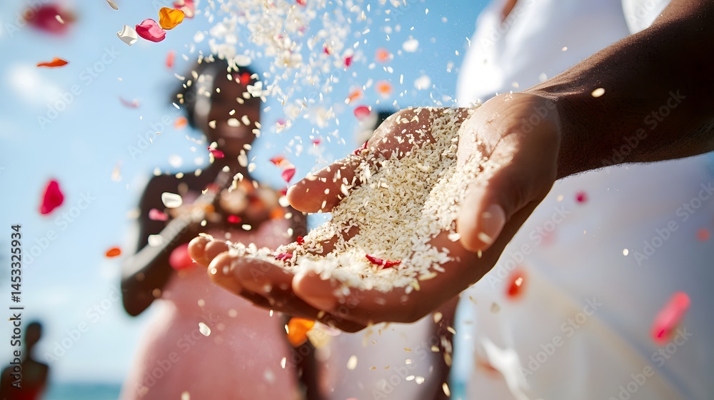 Fototapeta premium Hand Throwing Rice at a Wedding: A hand scattering rice or flower petals at a wedding ceremony, with the couple in the background.