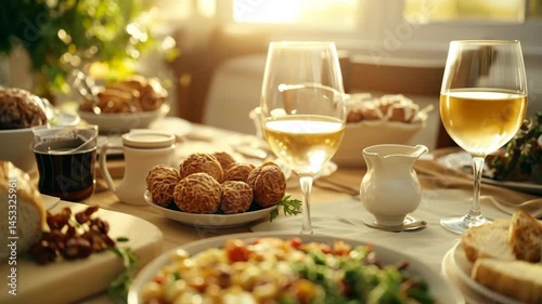 Feast for the Senses: A table laden with gourmet dishes and fine wine, illuminated by warm sunlight, inviting indulgence and shared moments.