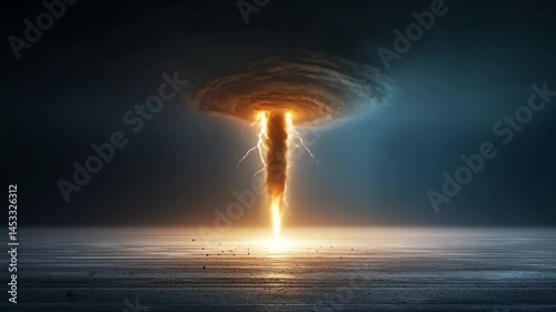 Apocalyptic Thunderbolt: A terrifying and dramatic digital illustration depicts a powerful lightning strike and destructive blast rising from the horizon.