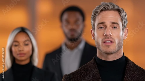 Confident Leadership: A striking portrayal of a group of business individuals, with a prominent leader in the foreground, their expressions and attire reflecting professionalism, experience.