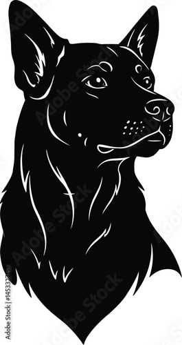 Black dog silhouette with attentive expression isolated on white background simple pet portrait vector illustration 