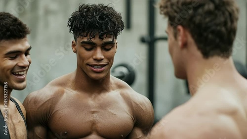 Muscular Bodybuilder Conversation: A group of well-built bodybuilders converse animatedly, showcasing their physique and camaraderie in a modern gym setting. Capturing dedication, health.