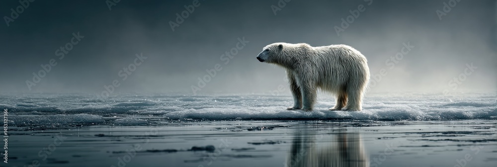 Fototapeta premium Emaciated Polar Bear Stands on Small Ice Fragment Surrounded by Ocean Under Gray Sky, Highlighting Arctic Ice Melt Crisis Generative AI