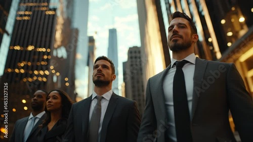 Dynamic Leadership in the Cityscape: A group of determined business leaders, embodying strength and vision, strides confidently through a modern cityscape, symbolizing ambition and urban success.