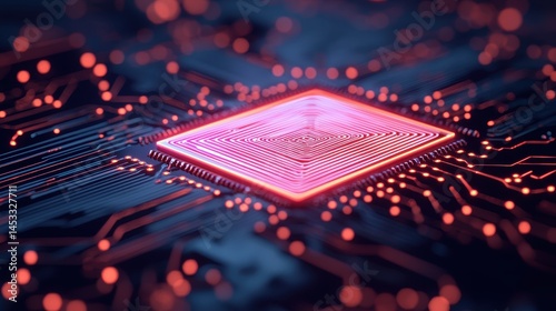 Abstract Digital Circuit Board with Glowing Pink Central Chip