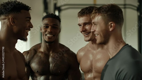 Fit Friends' Fitness Gathering: A close-up shot of four well-built men shares smiles and camaraderie in the gym, radiating positivity and motivation.