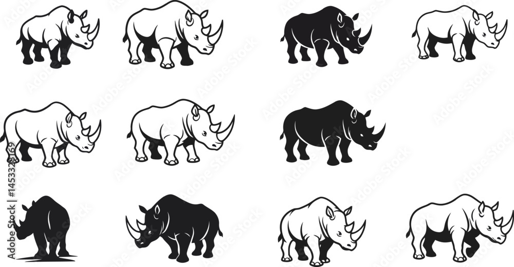Fototapeta premium Rhino animal silhouettes set with black and white rhino figures in different poses vector illustration 