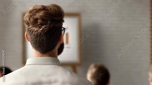 Focused Attention: A young man with a stylish bun hairstyle and beard attentively listens during a presentation, showcasing the focus and engagement crucial in any professional setting.  