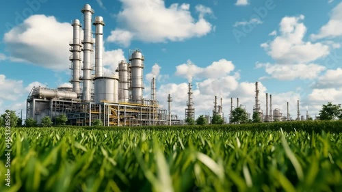 Industrial Harmony: An architectural marvel of an industrial plant, juxtaposed against a backdrop of lush green grass under a vibrant sky, embodies progress.