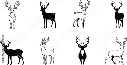 Deer silhouette vector collection with standing and walking poses in black and white design for wildlife nature illustrations 