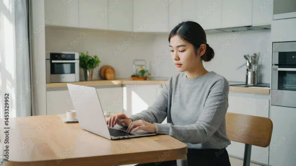 Woman working from home on laptop in kitchen enjoying remote work lifestyle and online communication Woman working from home on laptop in kitchen enjoying remote work lifestyle and online communication