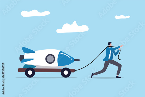 Entrepreneur initiative idea, ambition to push effort to success, start new business or company with creativity development, innovation or invention concept, businessman pull new creative rocket.