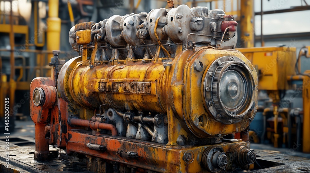 Fototapeta premium Rusty industrial engine in a factory setting.