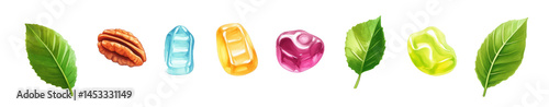Line of colorful candy with nut and green leaves illustration