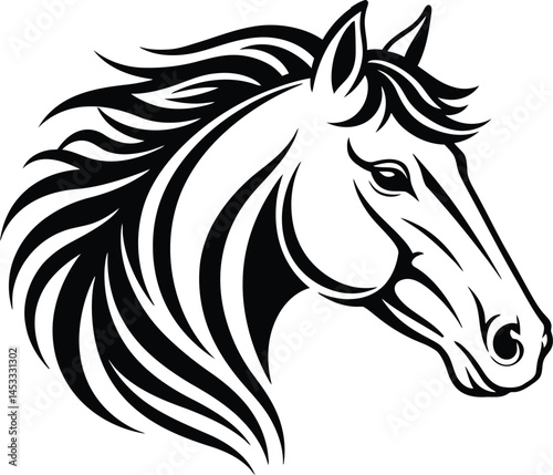 Horse head vector illustration in black and white with flowing mane design for animal art and equestrian themes 