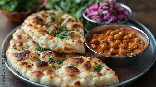 Amritsari Kulcha and Chole, a famous Punjabi street food, featuring stuffed tandoori naan with spicy chickpea masala HD 8K wallpaper Photographic Image