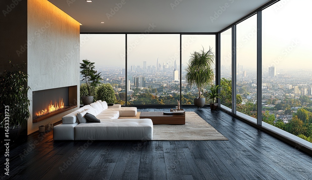 Fototapeta premium Modern penthouse living room with city views.