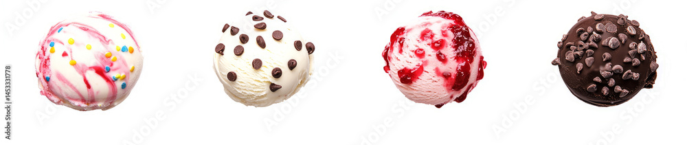 Fototapeta premium Assorted Ice Cream Scoops with Various Toppings on White Background