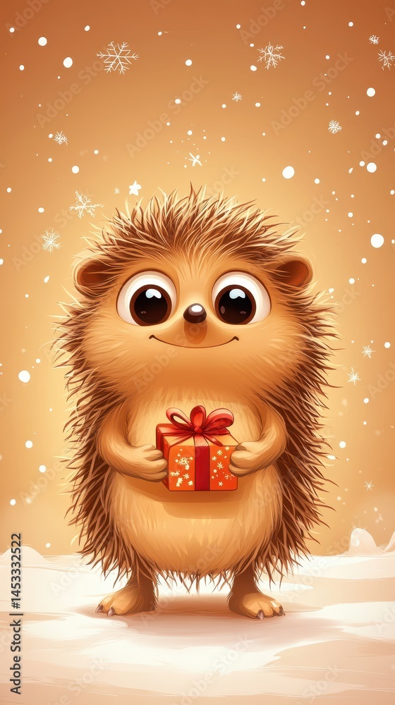 Obraz premium Adorable Brown Cartoon Hedgehog Holding Gift in Snowy Winter Scene