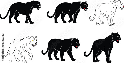 Black panther wild animal silhouettes and outline vector collection in various poses and angles 