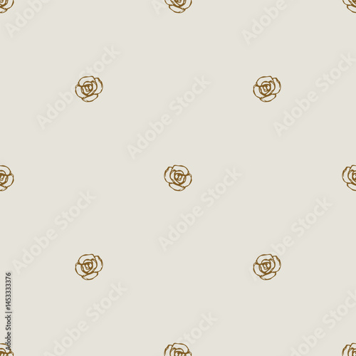 Seamless abstract pattern with small rosebuds. Golden floral silhouettes on white background.