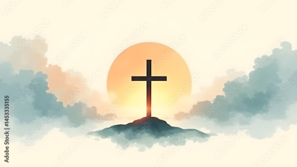Obraz premium A serene digital watercolor of a black Christian cross centered against a glowing sunrise, surrounded by soft clouds. Ethereal, spiritual, and peaceful, with warm hues blending into cool tones, symbol